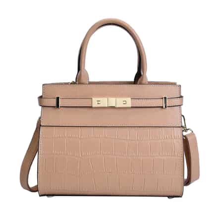 Khaki Texture Inspired Pattern Genuine Leather Convertible Satchel Bag image number 0