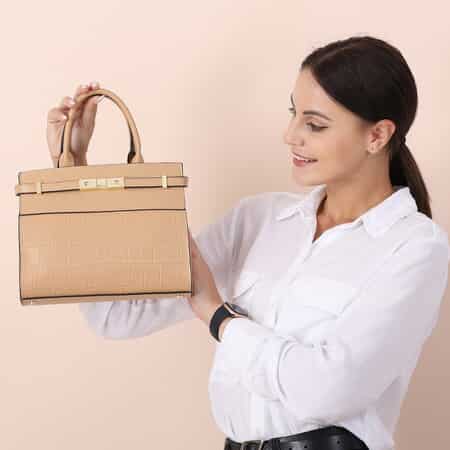 Khaki Texture Inspired Pattern Genuine Leather Convertible Satchel Bag image number 2