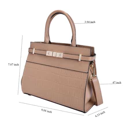 Khaki Texture Inspired Pattern Genuine Leather Convertible Satchel Bag image number 5