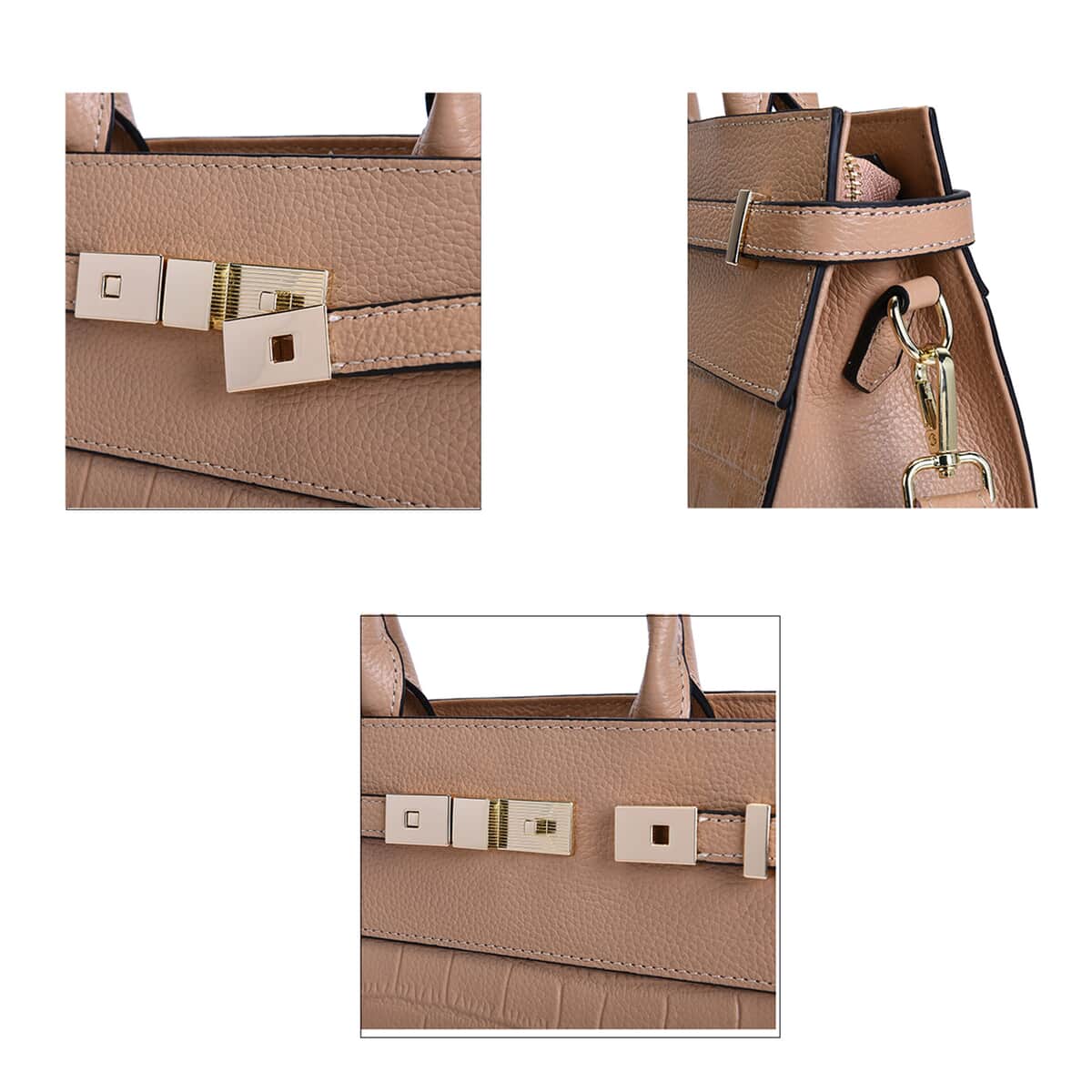 Khaki Texture Inspired Pattern Genuine Leather Convertible Satchel Bag image number 6