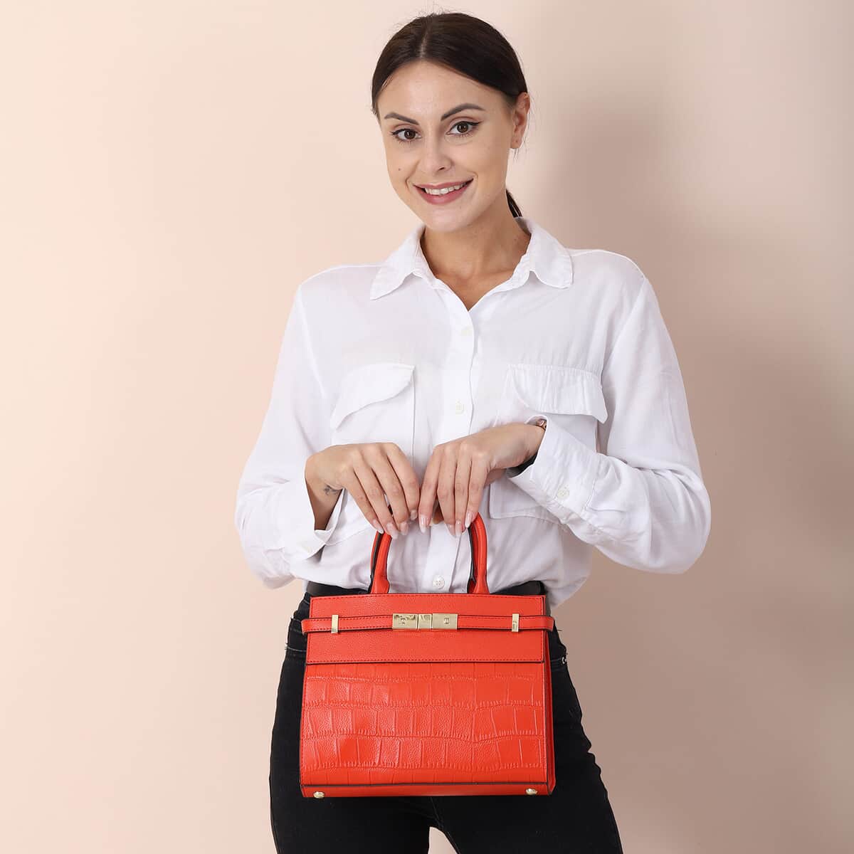 Orange Texture Inspired Pattern Genuine Leather Convertible Satchel Bag image number 1