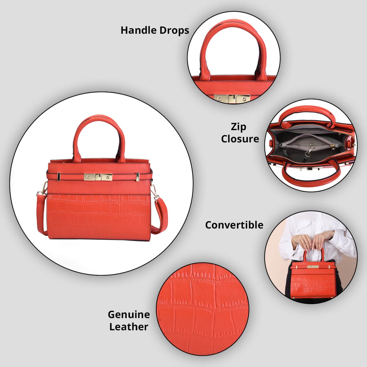 Orange Texture Inspired Pattern Genuine Leather Convertible Satchel Bag image number 3