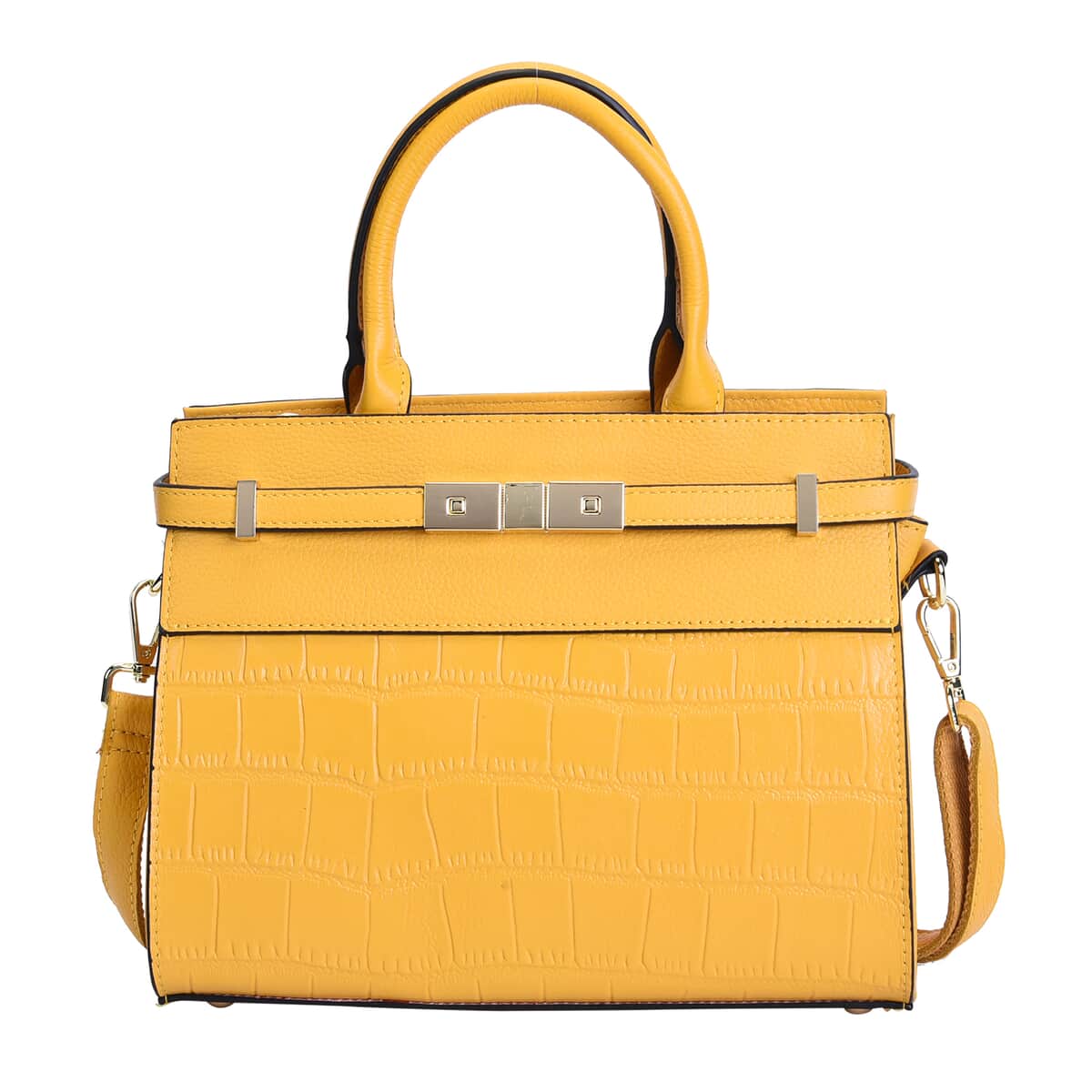 Yellow Texture Inspired Pattern Genuine Leather Convertible Satchel Bag image number 0