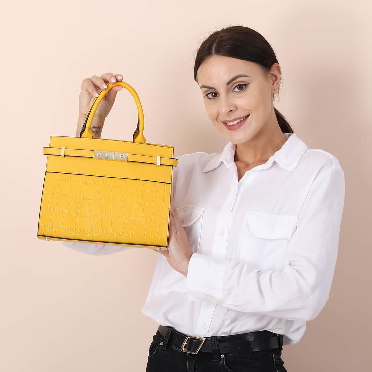 Yellow Texture Inspired Pattern Genuine Leather Convertible Satchel Bag image number 2