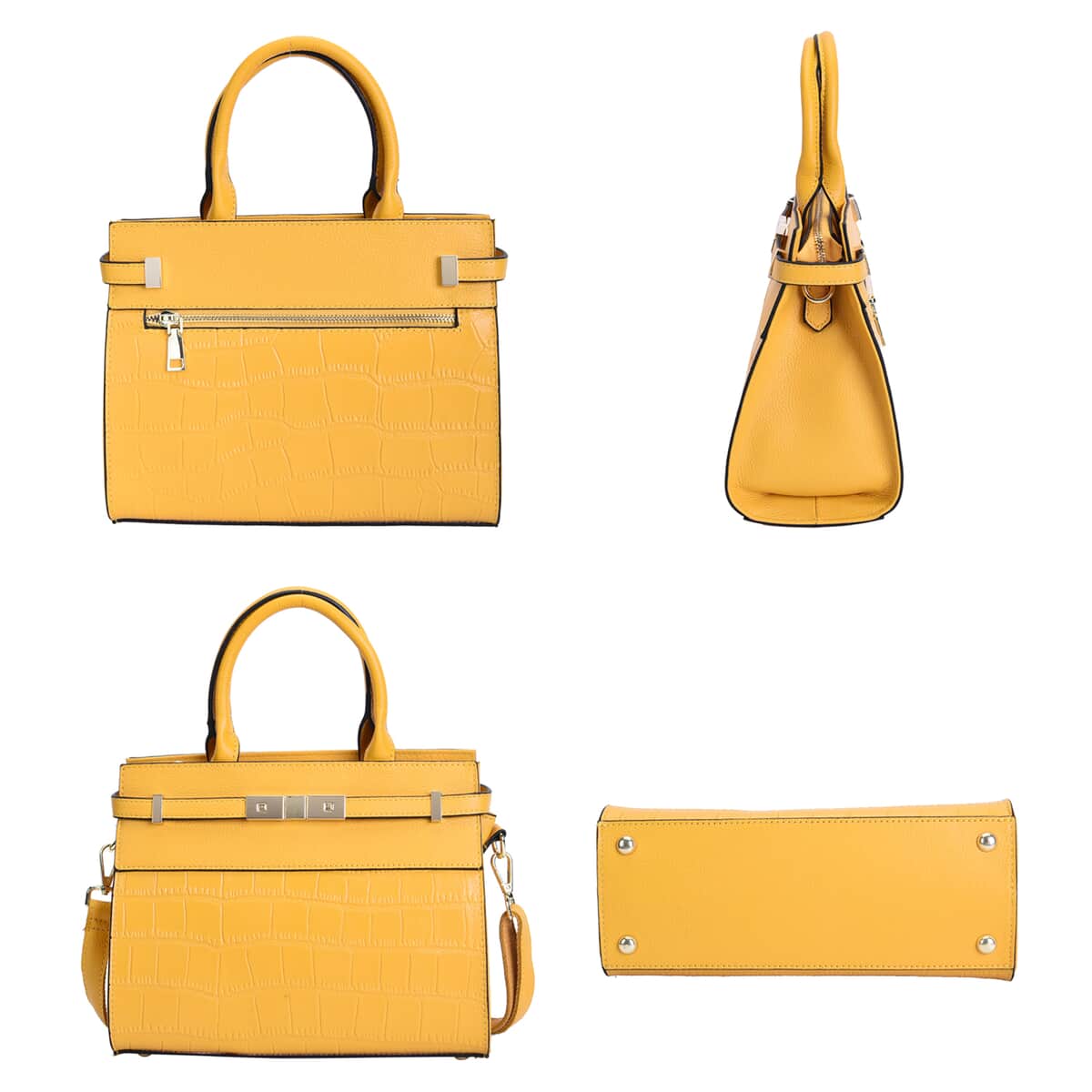 Yellow Texture Inspired Pattern Genuine Leather Convertible Satchel Bag image number 3