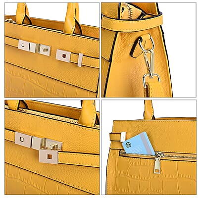 Yellow Texture Inspired Pattern Genuine Leather Convertible Satchel Bag
