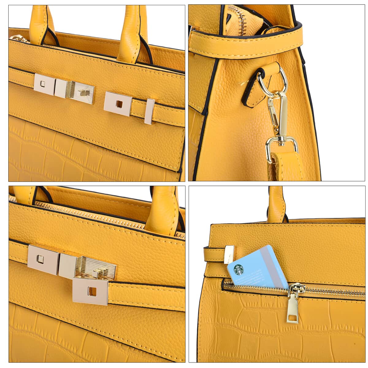 Yellow Texture Inspired Pattern Genuine Leather Convertible Satchel Bag image number 4