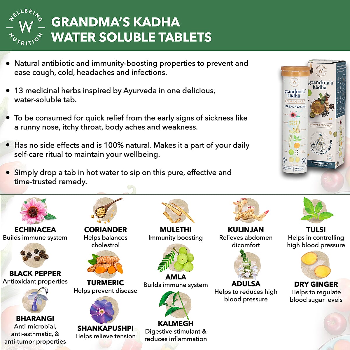 Wellbeing Nutrition Grandma's Kadha Herbal Healing (15 Water Soluble Tablets) image number 2