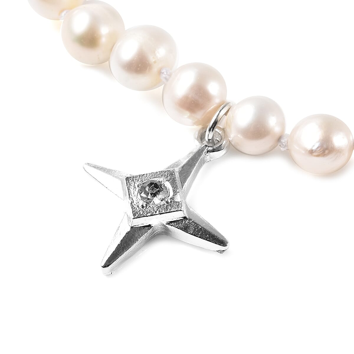 Freshwater White Cultured Pearl 6-8mm and Austrian Crystal Cross Charm Necklace 20 Inches in Silvertone image number 2