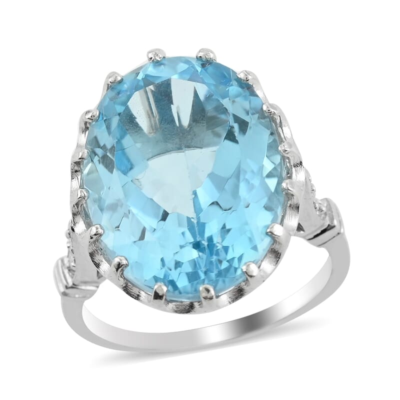 Sky Blue Topaz Solitaire Ring in Rhodium Over Sterling Silver (Size  5.0) 14.00 ctw