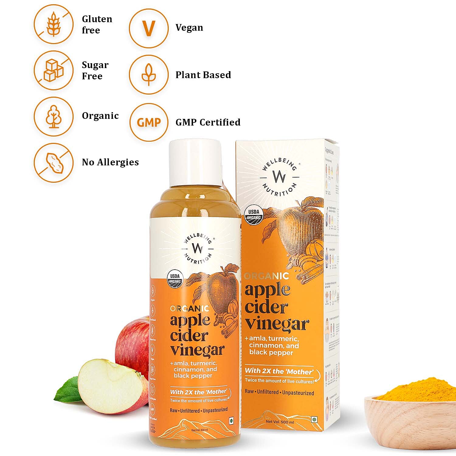 Wellbeing Nutrition Organic Apple Cider Vinegar with Turmeric, Amla, Cinnamon & Black Pepper (2x Mother) 16.9oz