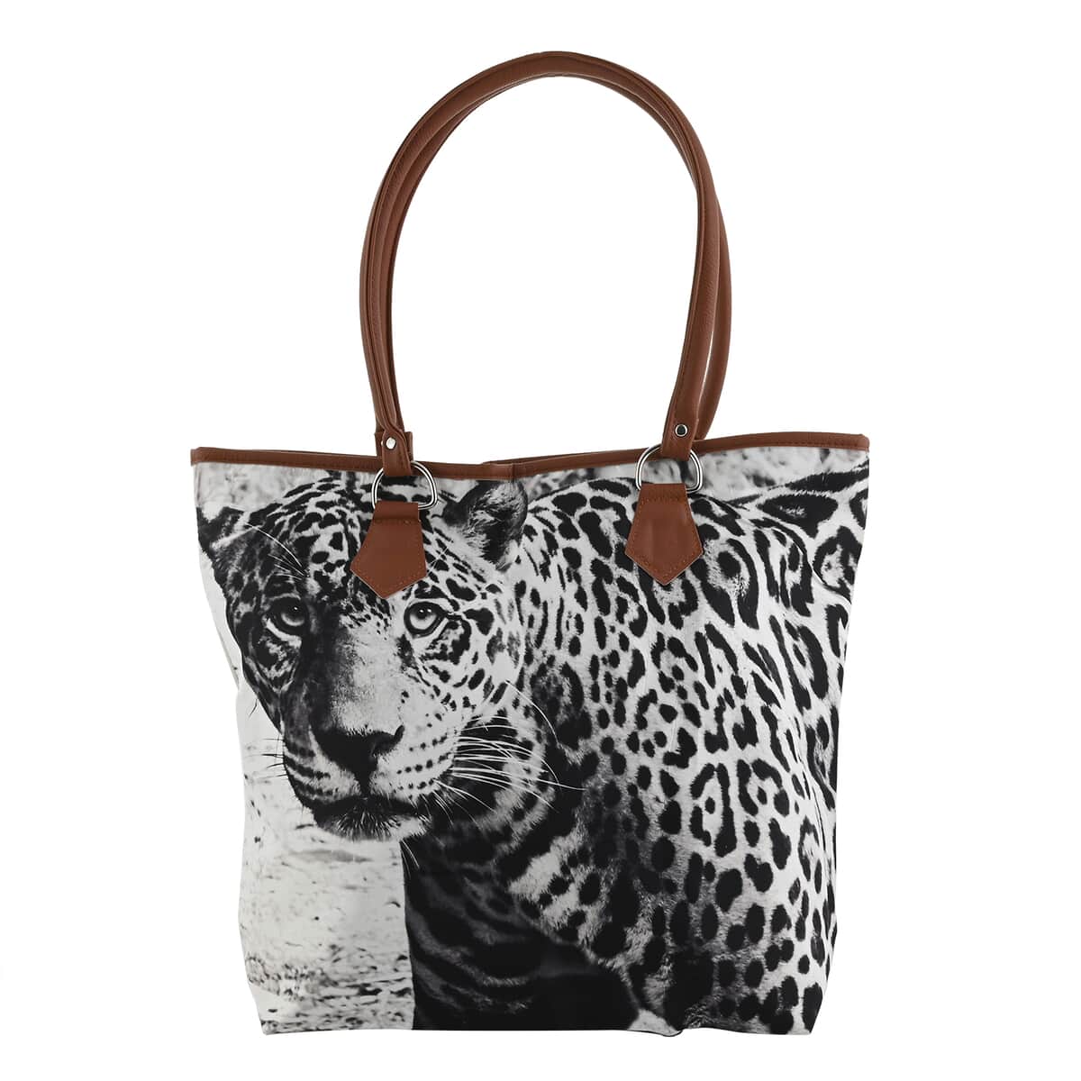 DESIGNER INSPIRED White & Black Leopard Pattern Polyester Tote Bag image number 0