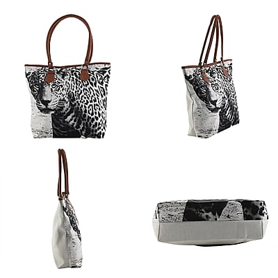 DESIGNER INSPIRED White & Black Leopard Pattern Polyester Tote Bag