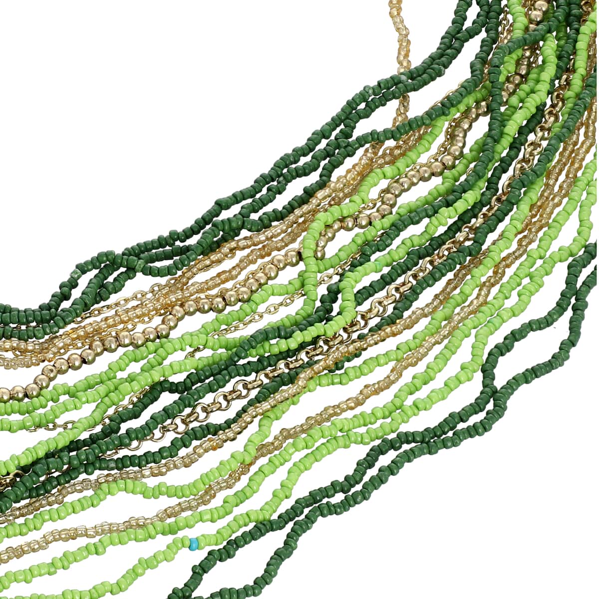 Green Seed Bead Multi Strand Necklace 28 Inches in Goldtone image number 2