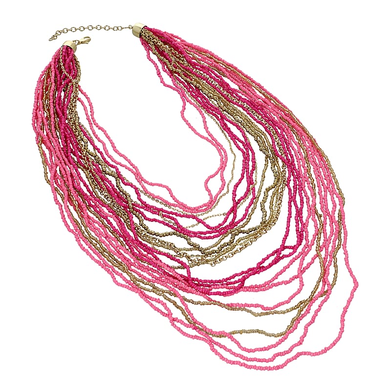 Pink Seed Bead Multi Strand Necklace 28 Inches in Goldtone