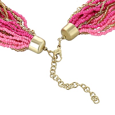 Pink Seed Bead Multi Strand Necklace 28 Inches in Goldtone