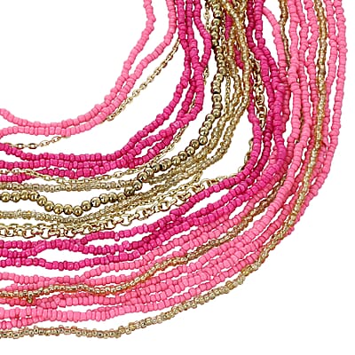 Pink Seed Bead Multi Strand Necklace 28 Inches in Goldtone