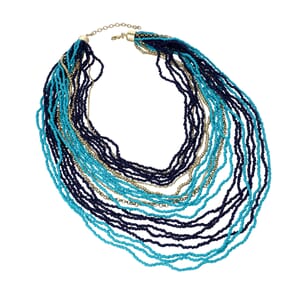 Turquoise and Blue Color Seed Bead Multi Strand Necklace 28 Inches in Goldtone