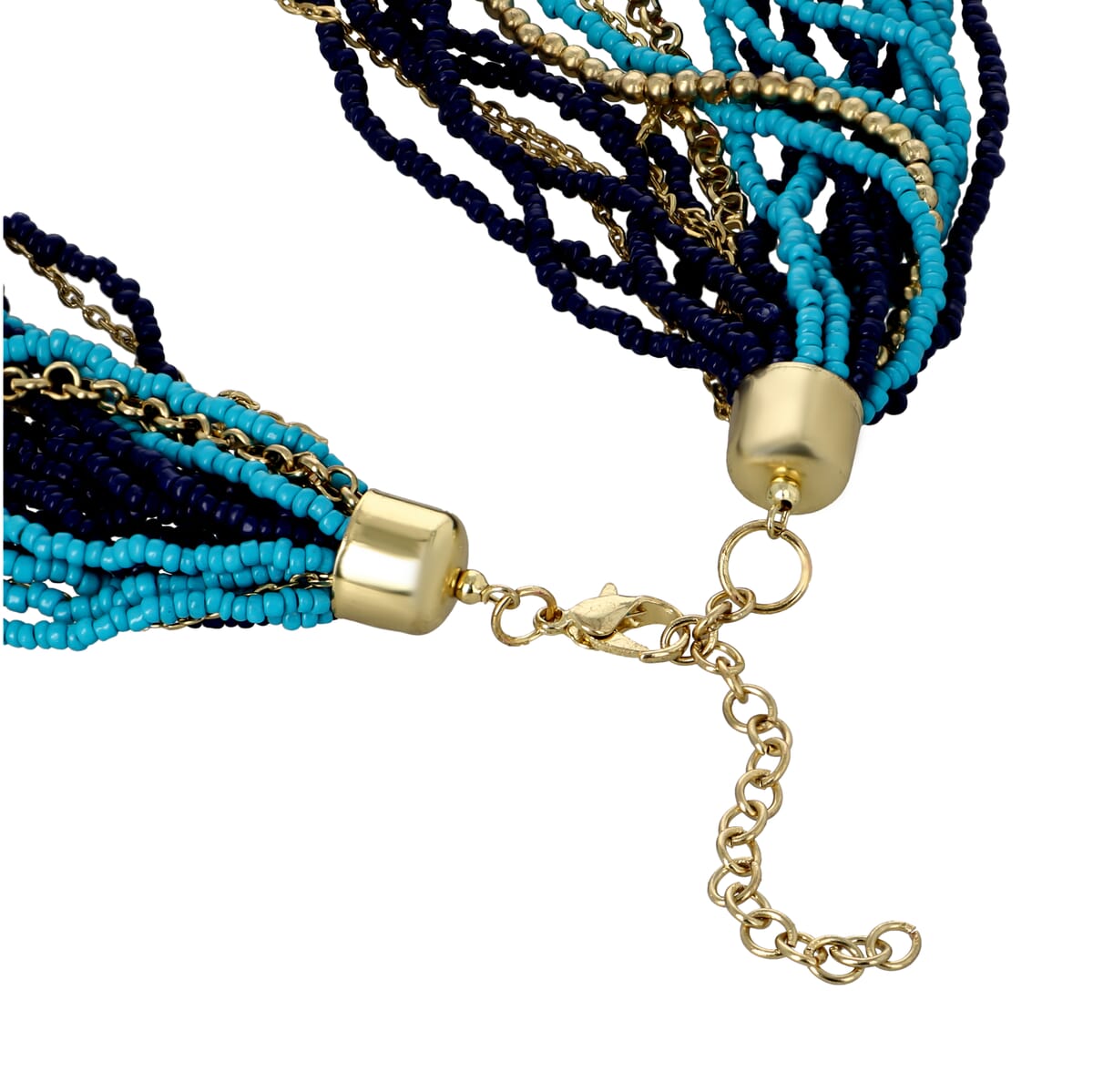 Turquoise and Blue Color Seed Bead Multi Strand Necklace 28 Inches in Goldtone image number 1