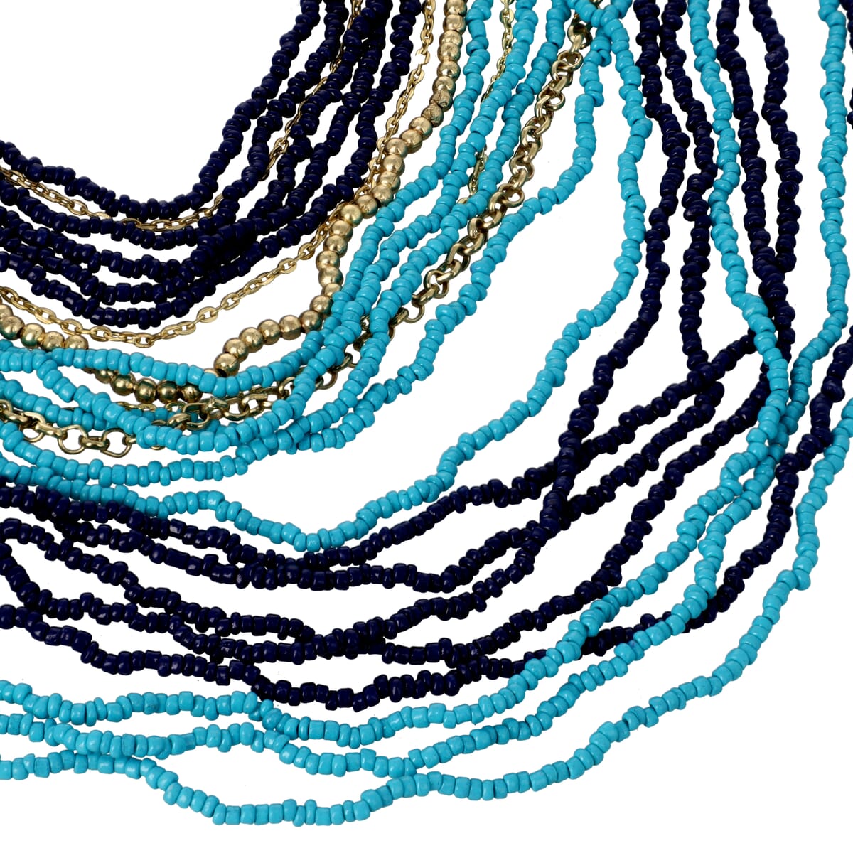 Turquoise and Blue Color Seed Bead Multi Strand Necklace 28 Inches in Goldtone image number 2