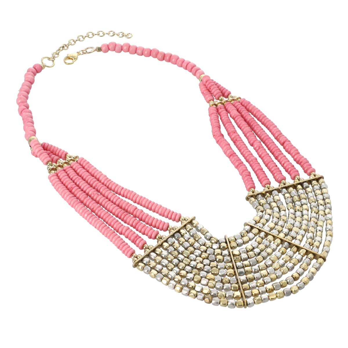 Pink Seed Bead Multi Strand Necklace 22 Inches in Goldtone image number 0