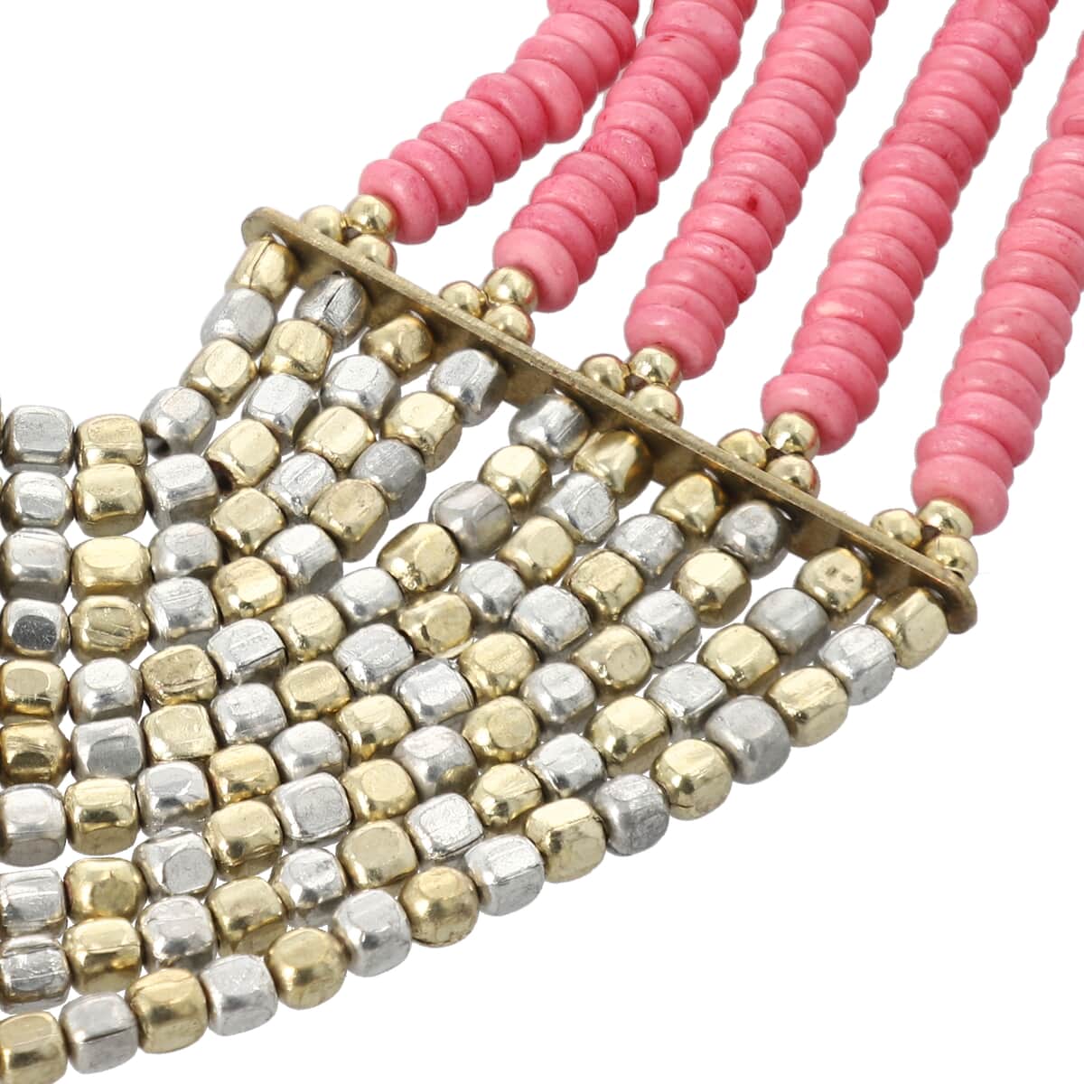 Pink Seed Bead Multi Strand Necklace 22 Inches in Goldtone image number 2