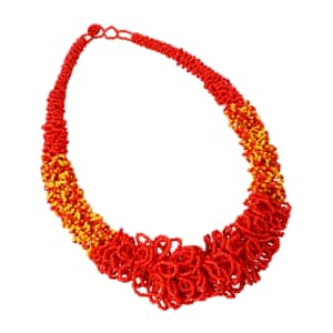 Coral and Yellow Seed Beaded Multi Strand Necklace 26 Inches