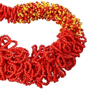 Coral and Yellow Seed Beaded Multi Strand Necklace 26 Inches