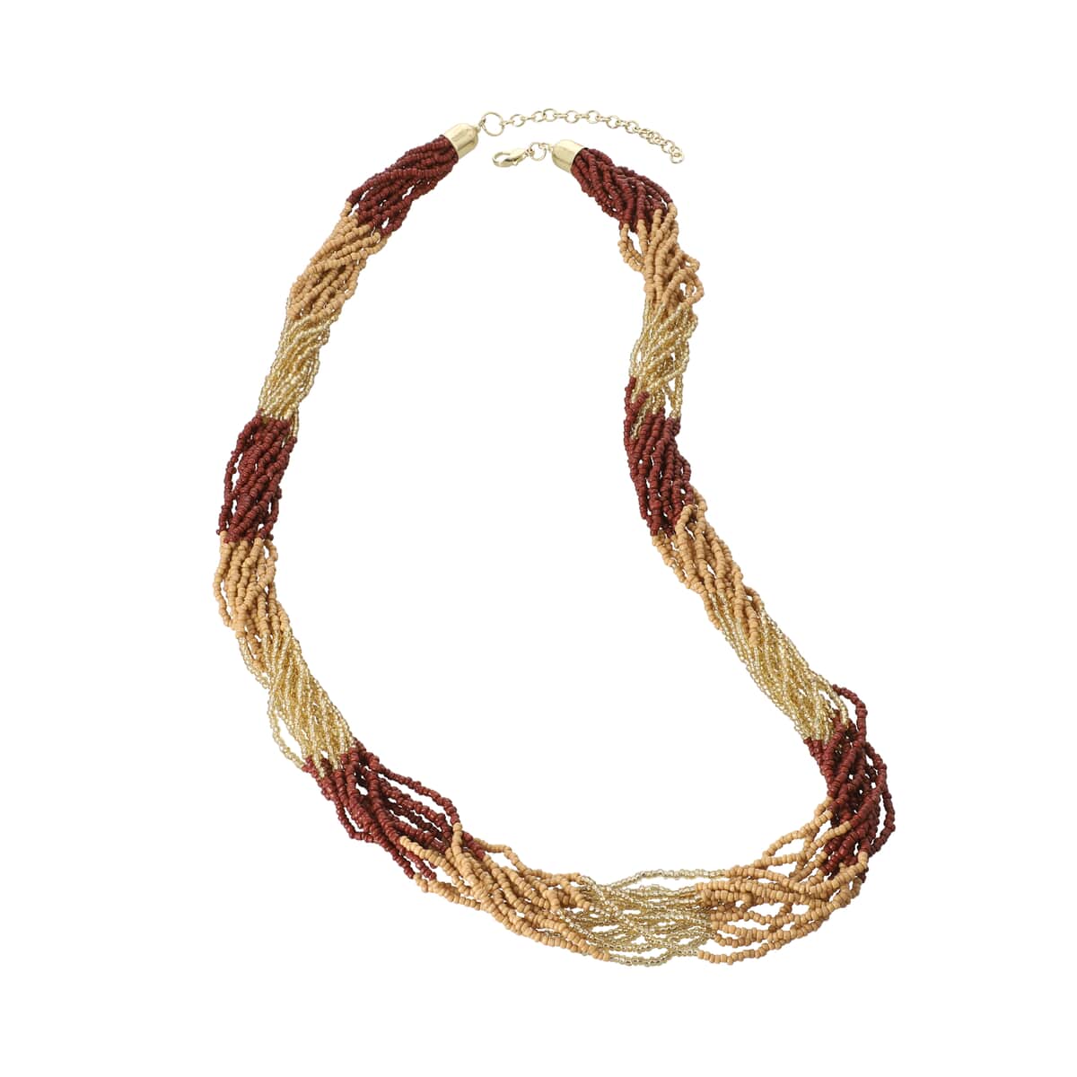 Beige and Brown Seed Bead Multi Strand Necklace 28 Inches in Goldtone image number 0