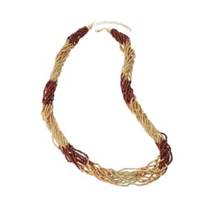 Beige and Brown Seed Bead Multi Strand Necklace 28 Inches in Goldtone