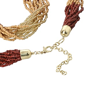 Beige and Brown Seed Bead Multi Strand Necklace 28 Inches in Goldtone