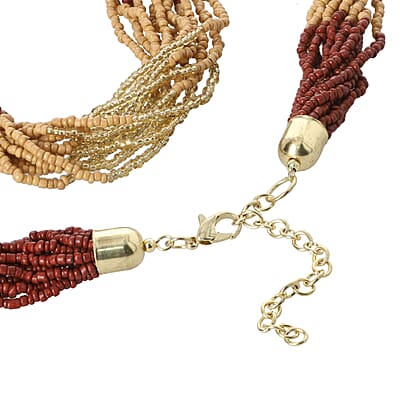 Beige and Brown Seed Bead Multi Strand Necklace 28 Inches in Goldtone