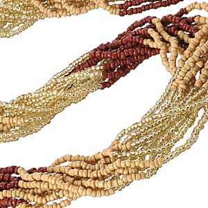 Beige and Brown Seed Bead Multi Strand Necklace 28 Inches in Goldtone