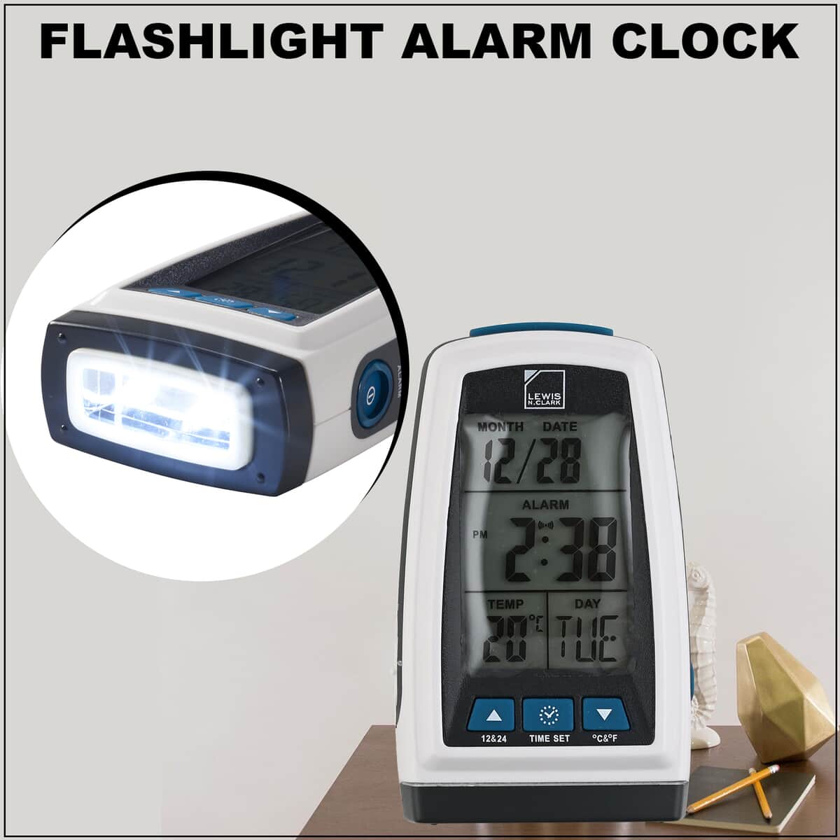 White Digital Flashlight Alarm Clock image number 1