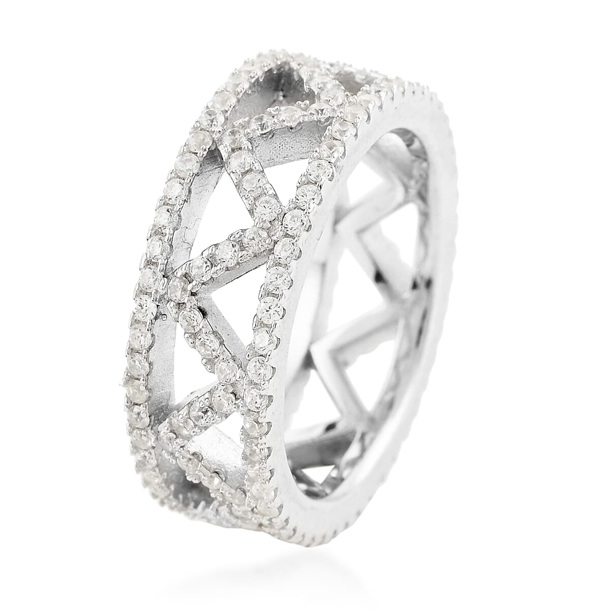 Simulated Diamond Zig Zag Band Ring in Rhodium Over Sterling Silver (Size 7.0) image number 2