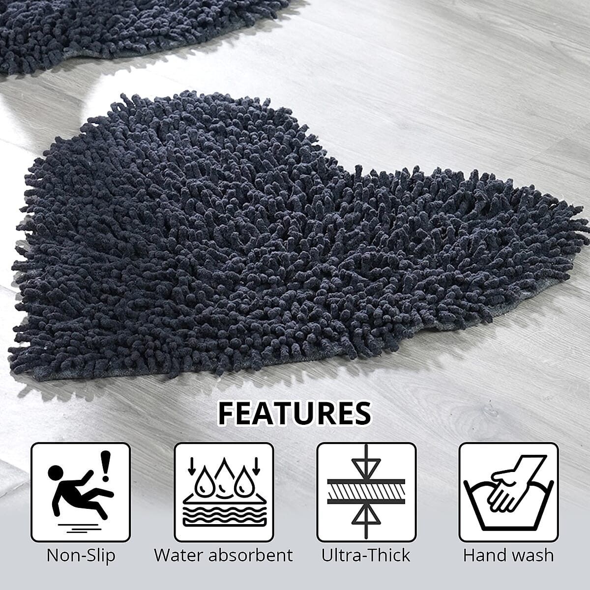 Set of 2 Black Chenille Shaggy Bath Mat with Latex Back (19.60"x19.60") image number 2