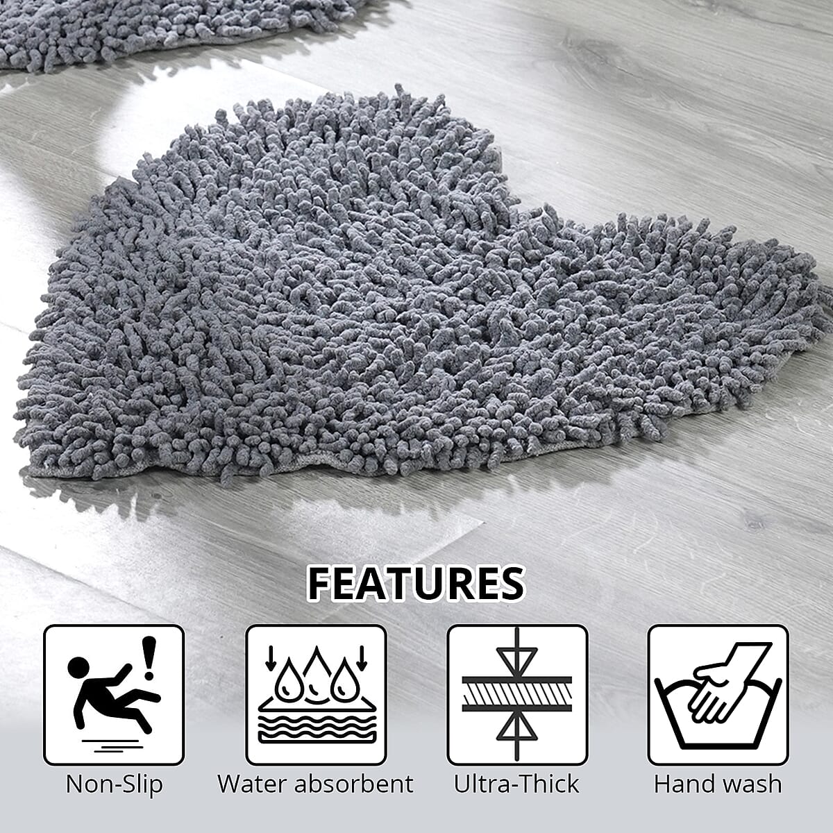 Set of 2 Dark Gray Chenille Shaggy Heart Cotton Bath Mat with Latex Anti Skid Back image number 2