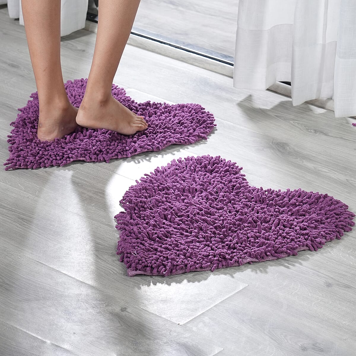 Set of 2 Purple Chenille Shaggy Heart Cotton Bath Mat with Latex Anti Skid Back image number 1