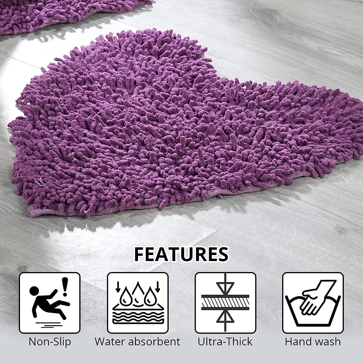 Set of 2 Purple Chenille Shaggy Heart Cotton Bath Mat with Latex Anti Skid Back image number 2