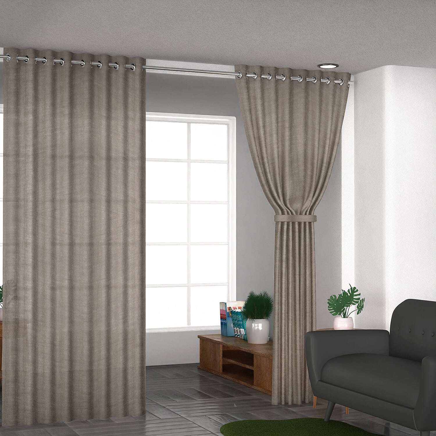 Gray Cotton Textured Slub Curtain Pair with Eyelets
