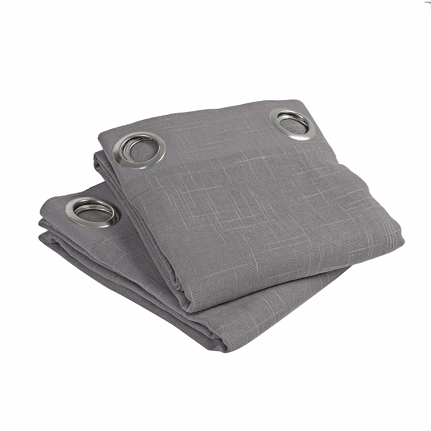 Gray Cotton Textured Slub Curtain Pair with Eyelets
