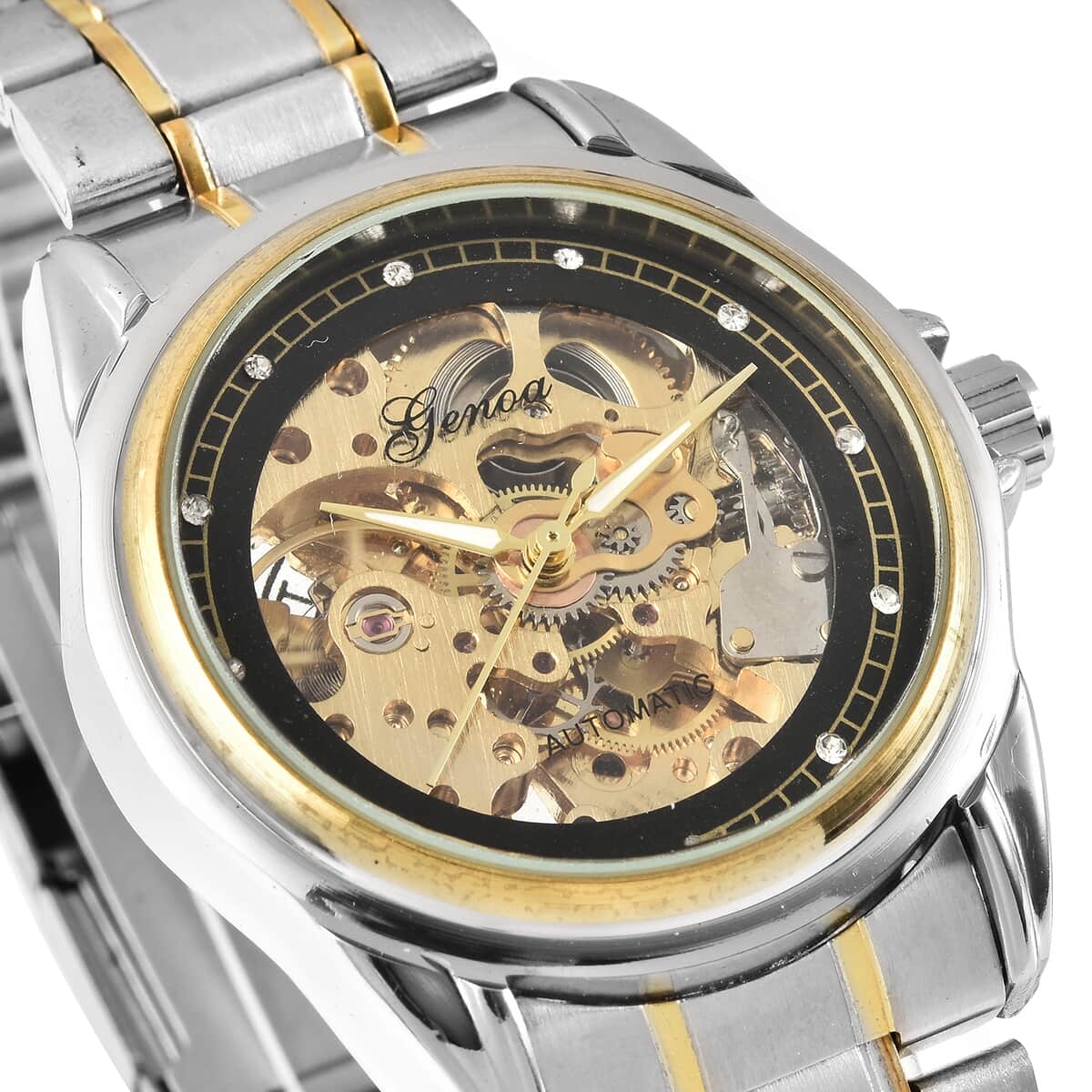 Genoa Austrian Crystal Automatic Mechanical Movement Water Resistant Watch with Stainless Steel Strap and Back image number 3