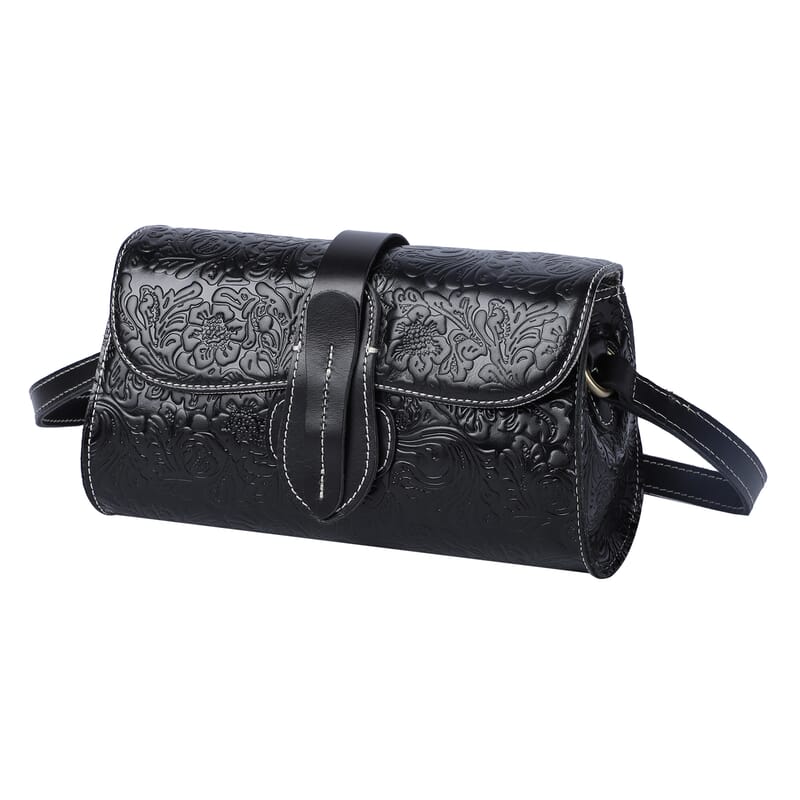 Black Genuine Leather Flower Embossed Crossbody Bag (9.45x3.5x5.5)