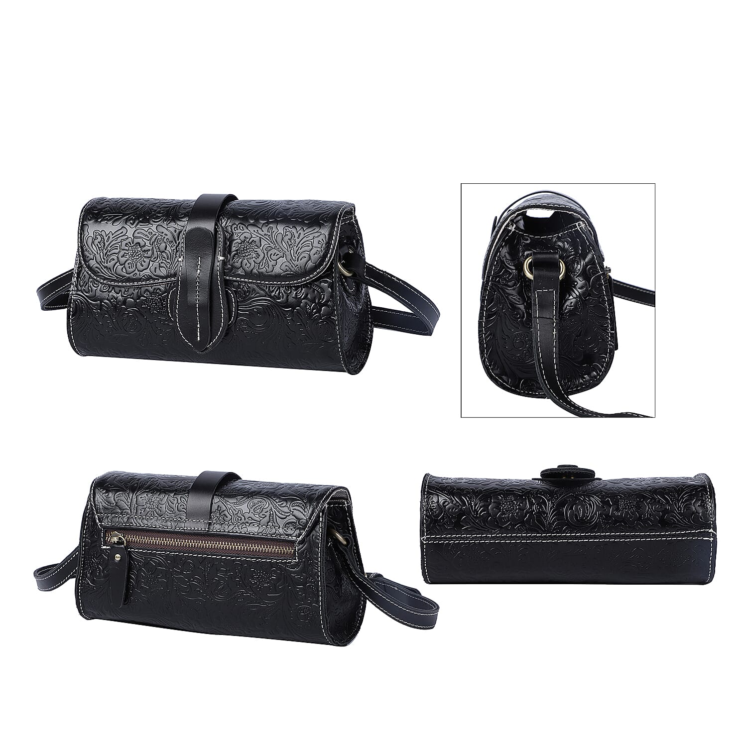 Black Genuine Leather Flower Embossed Crossbody Bag (9.45x3.5x5.5)