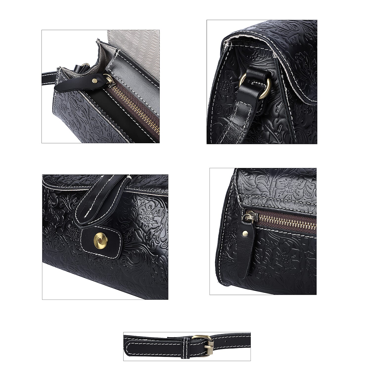 Black Genuine Leather Flower Embossed Crossbody Bag (9.45x3.5x5.5)