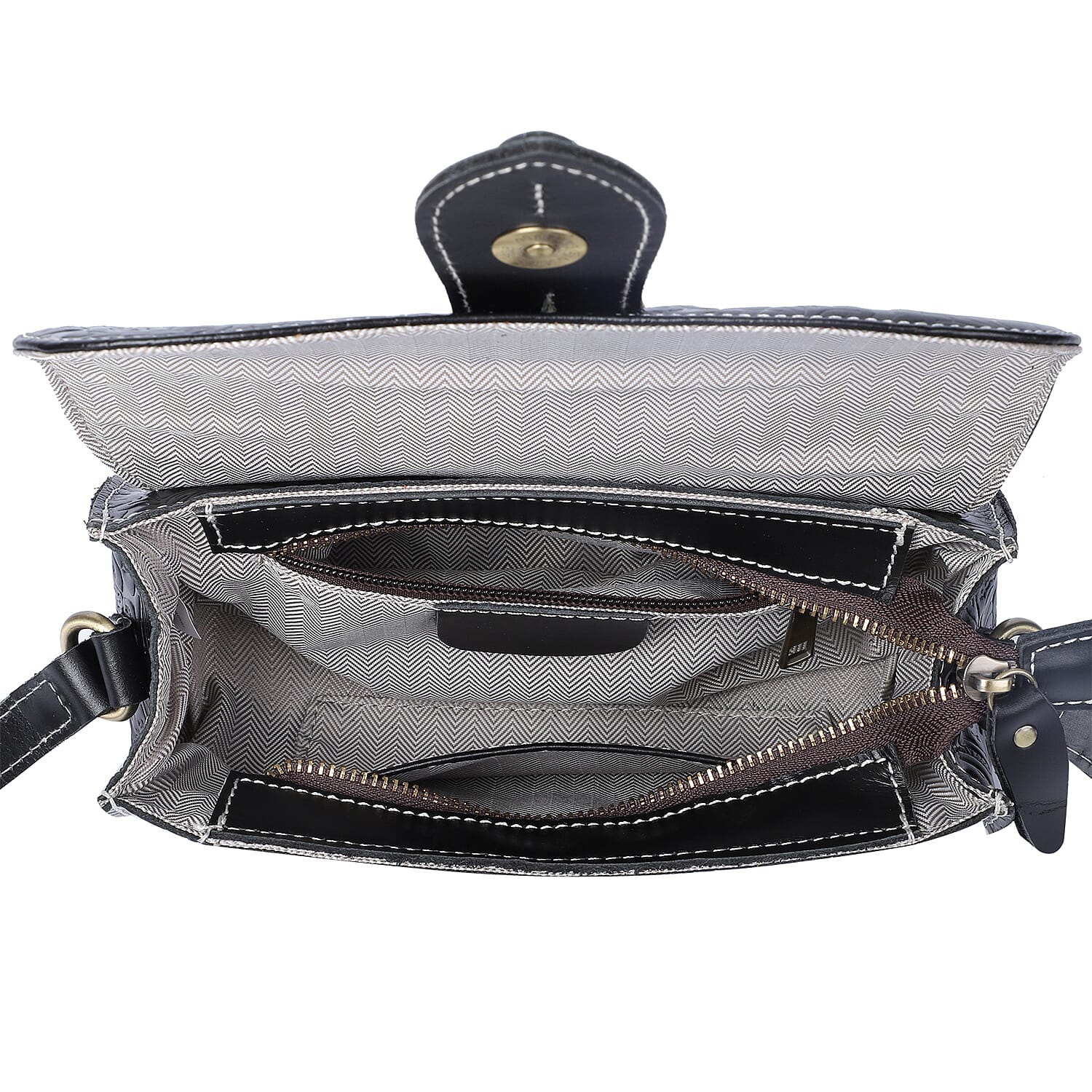 Black Genuine Leather Flower Embossed Crossbody Bag (9.45x3.5x5.5)