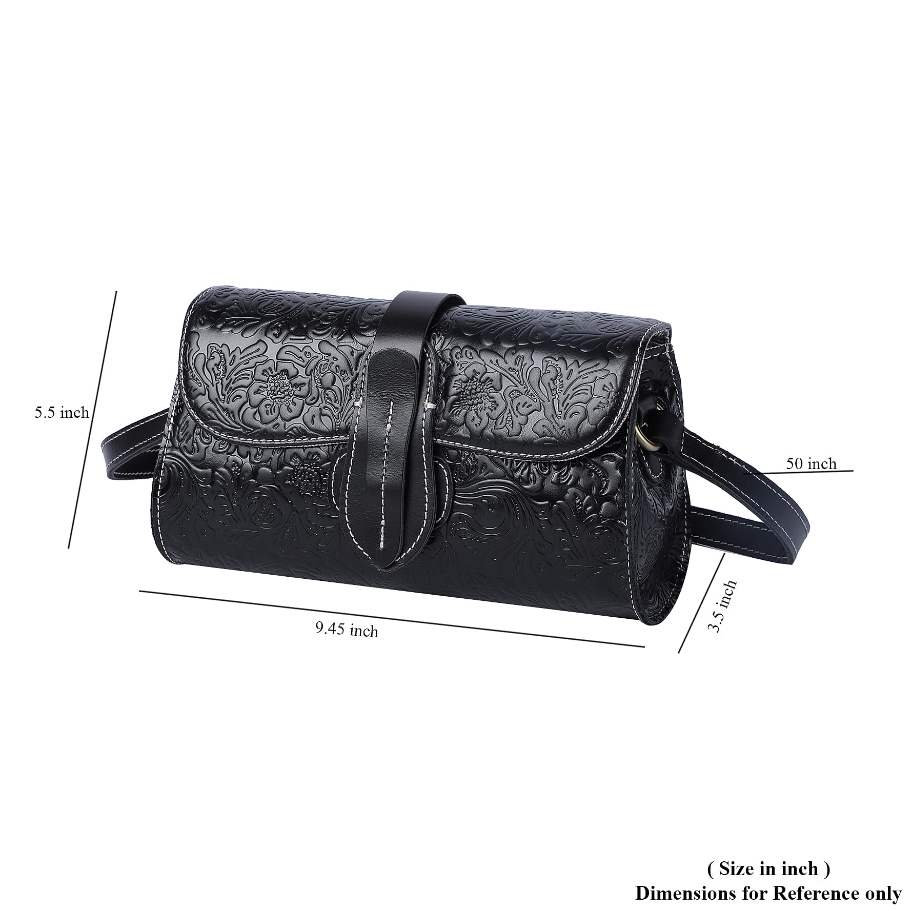 Black Genuine Leather Flower Embossed Crossbody Bag (9.45x3.5x5.5)