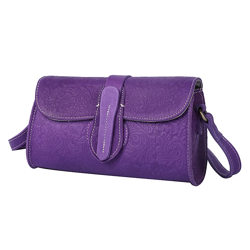 Purple Genuine Leather Flower Embossed Crossbody Bag