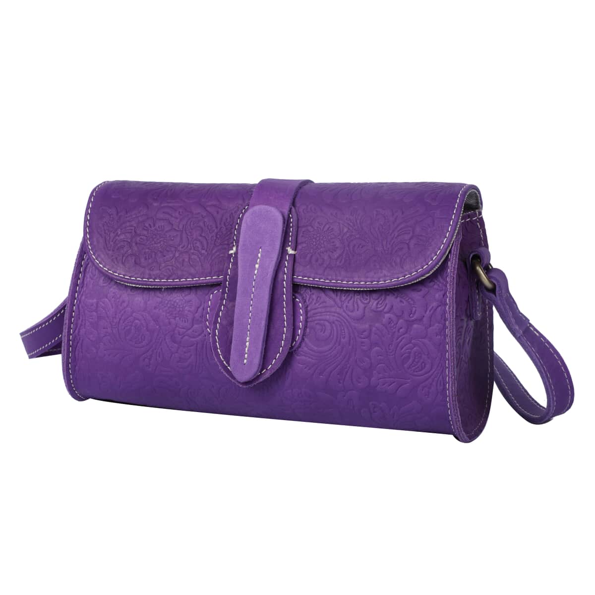 Purple Genuine Leather Flower Embossed Crossbody Bag image number 0