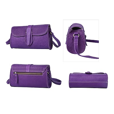 Purple Genuine Leather Flower Embossed Crossbody Bag